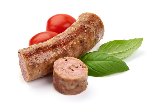 Grilled Homemade Sausages, close-up, isolated on white background