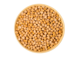 Bowl of yellow dried chickpeas on white background.