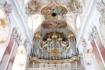 Organ in Amorbach Benedictine monastery church in the district of Miltenberg in Lower Franconia in...