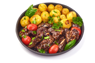 Fried Chicken Livers with baked potatoes, Traditional French cuisine, close-up, isolated on white background