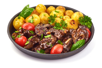 Fried Chicken Livers with baked potatoes, Restaurant food, close-up, isolated on white background