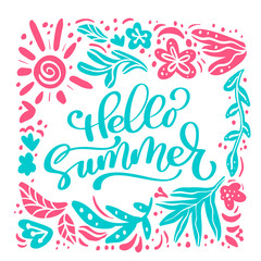 Hello Summer Floral Poster with Frame. Tropical Exotic Flowers Design for Sale Banner, Flyer, Brochure, Fabric Print. Summertime Background. Vector illustration