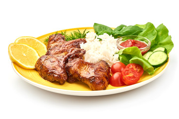 Grilled chicken Legs with rice, close-up, isolated on white background