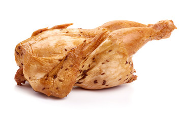 Smoked chicken with caraway seeds, close-up, isolated on white background