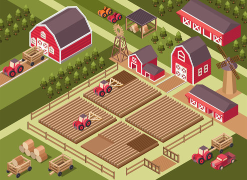 Vector isometric illustration of a farm.