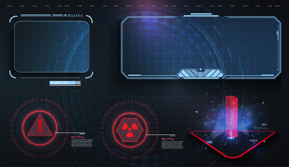 HUD, UI, GUI futuristic user interface screen elements set. High tech screen for video game. Sci-fi concept design. Callouts titles. Modern banners, frames  of lower third. Red. Vector illustration