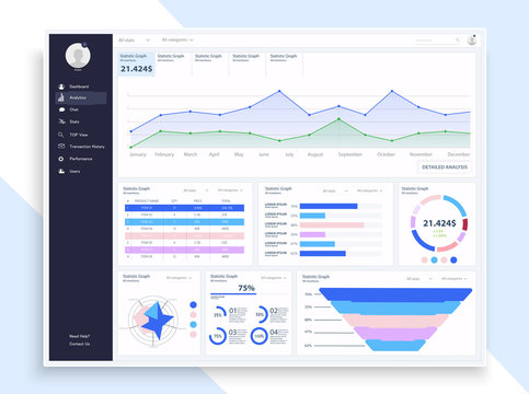 Dashboard, great design for any site purposes. Business infographic template. Vector flat illustration. Big data concept Dashboard user admin panel template design. Analytics admin dashboard