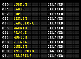 Obraz premium Delayed and cancelled flights on airport information display board, vector illustration