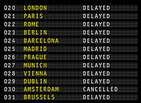 Delayed and cancelled flights on airport information display board, vector illustration