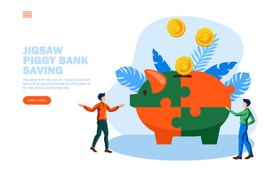 two person discussing money saving with jigsaw piggy bank