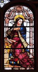 Obraz premium Annunciation of the Virgin Mary, stained glass window in Saint-Eustache church in Paris, France