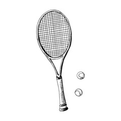 Tennis racquet. Hand drawn sketch style tennis racquet with tennis balls. Vector illustration. Isolated on white background.