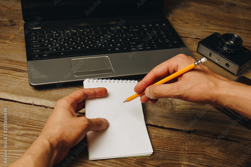 Poster workplace blogger. set to prepare for public speaking and writing text: keyboard and phone on a wood