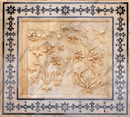 Beautiful ornament on wall of palace in Amber Fort in Jaipur, Rajasthan, India