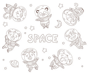 Set of cute cartoon animals astronaut in space. Element for print, postcard and poster isolate on white background. Vector illustration