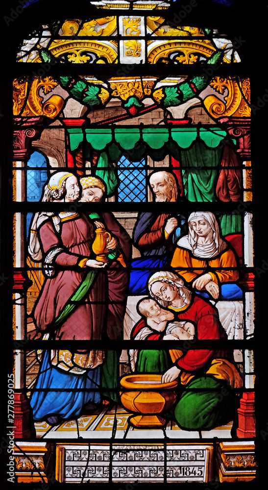 Wall mural birth of the virgin, stained glass windows in the saint gervais and saint protais church, paris, fra