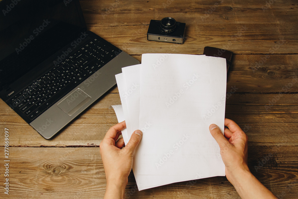 Poster workplace blogger. set to prepare for public speaking and writing text: keyboard and phone on a wood