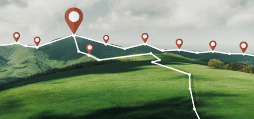 Mountain landscape with connected location pins and track. - obrazy, fototapety, plakaty