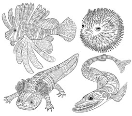 Coloring page with creepy fish with high details