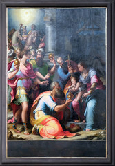 Obraz na płótnie Canvas Nativity Scene, Adoration of the Magi altarpiece by Girolamo Macchietti in the Basilica di San Lorenzo in Florence, Italy