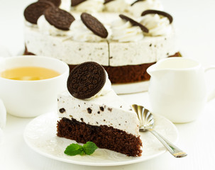 A piece of chocolate cake. Selective focus.