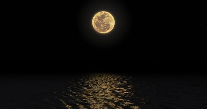 Full moon over the ocean and the light of the moon shines down and hits the waves ocean. Imagine seeing a rabbit on the moon.