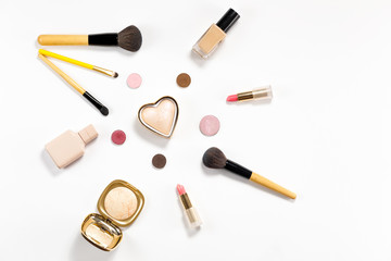 Makeup pattern background of beauty product on colorful background.