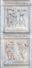Expulsion from Paradise up, the work of Adam and Eve down, panel by Jacopo della Quercia on the...