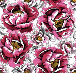Seamless pattern with image of a pink peonies. Vector illustration.