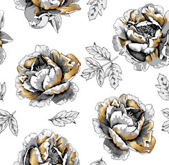 Floral Seamless pattern with image of a gold Peony flowers and leaves on a white background. Vector illustration.