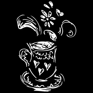 Tea cup hand drawn, great design for any purposes. Hand drawn tea cup sketch. Coffee outline icon. Steam icon isolated on black background. Vector texture. Coffee mug vector. Silhouette isolated