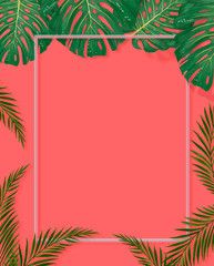 Fototapeta na wymiar Tropical palm leaves frame on coral backdrop. Summer tropical leaf. Exotic hawaiian jungle, summertime background. Pastel monochrome art colorful minimal style, White frame square. Banner for text