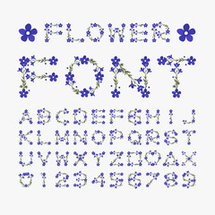 Isolated purple flower font alphabet character with number and symbol, Vector floral wreath ivy style with branch and leaves.