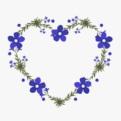 Floral greeting card and invitation template for wedding or birthday anniversary, Vector heart shape of text box label and frame, Purple flowers wreath ivy style with branch and leaves.