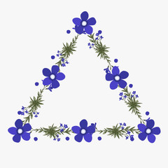 Floral greeting card and invitation template for wedding or birthday anniversary, Vector triangle shape of text box label and frame, Purple flowers wreath ivy style with branch and leaves.