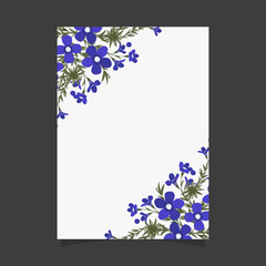 Common size of floral greeting card and invitation template for wedding or birthday anniversary, Vector shape of text box label and frame, Purple flowers wreath ivy style with branch and leaves.