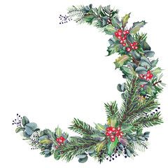 Christmas wreath with pine branches, holly berries, eucalyptus, spruce and fir branches. Isolated watercolor on white background.