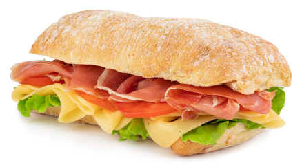 Ciabatta sandwich with lettuce, tomatoes prosciutto and cheese isolated on white background