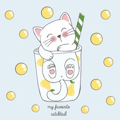 Vector illustration of cute kawaii hand drawn cat in anime style in a glass of pear cocktail with yellow bubbles, lettering my favorite catcktail, drawing for childrens menu, cocktail party