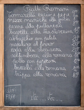 Menu of a restaurant in Rome, Italy 