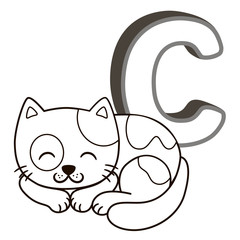coloring book alphabet with capital letters of the English and cute cartoon animals and things. Coloring page for kindergarten and preschool. Cards for learning English. Letter C. Cat