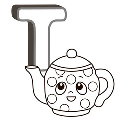 coloring book alphabet with capital letters of the English and cute cartoon animals and things. Coloring page for kindergarten and preschool. Cards for learning English. Letter T. Teapot 
