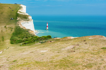 View of the beachy head lighthouse near Eastbourne, England, Seven Sisters National Park, UK, selective focus