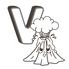  coloring book alphabet with capital letters of the English and cute cartoon animals and things. Coloring page for kindergarten and preschool. Cards for learning English. Letter V. Volcano