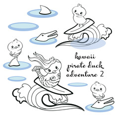 Illustration with black line art adventure theme, mermaid duck, shark fin, crocodile and surfboard. Funny and cute design perfect for paper and textile projects.