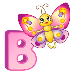 bright illustrations alphabet with capital letters of the English and cute cartoon animals and things. Poster for kindergarten and preschool. Cards for learning English. Letter B. Butterfly