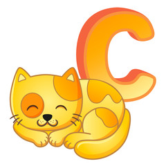 bright illustrations alphabet with capital letters of the English and cute cartoon animals and things. Poster for kindergarten and preschool. Cards for learning English. Letter C. Cat