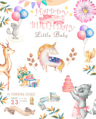 Watercolor isolated cute watercolor unicorn and sqirrel clipart. Nursery unicorns illustration. Princess unicorns poster. Trendy pink cartoon horse. Birthday invite.