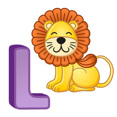 bright illustrations alphabet with capital letters of the English and cute cartoon animals and things. Poster for kindergarten and preschool. Cards for learning English. Letter L. Lion