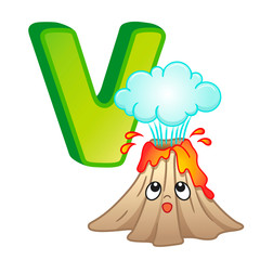 alphabet with capital letters of the English alphabet and cute cartoon illustrations. Poster for kindergarten and preschool. Cards for learning English. Letter V. Volcano